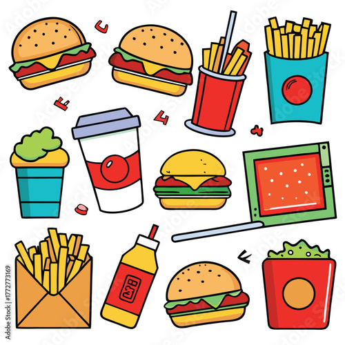 An illustration of various burger and fast-food items