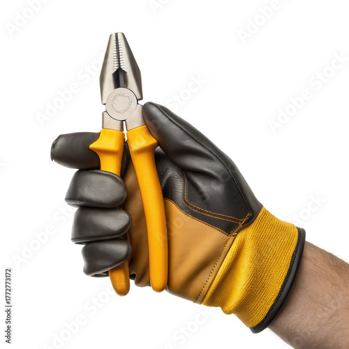 A hand wearing a work glove is gripping pliers, isolated on a white background, suitable for industrial or DIY imagery.