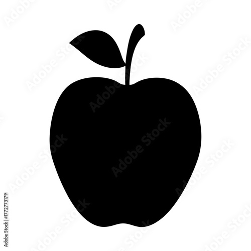 Black silhouette of a ripe apple with leaf and stem on white