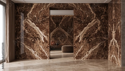 Brown marble walls form an ...