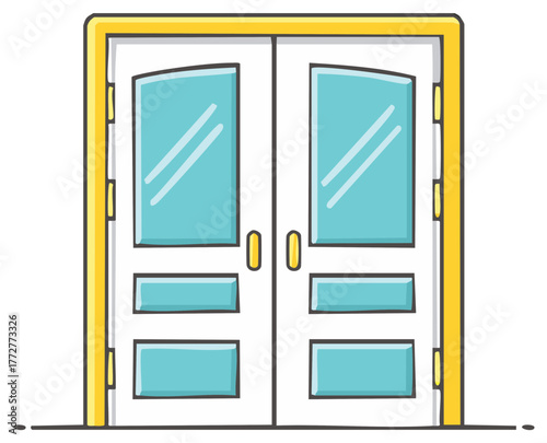 Closed white double doors with blue glass panels, a simple cartoon vector illustration