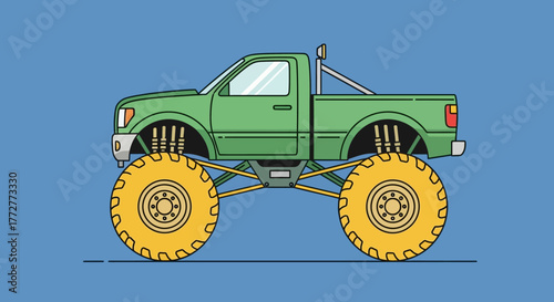 Illustrated green monster truck with oversized yellow wheels against a blue background provides a
