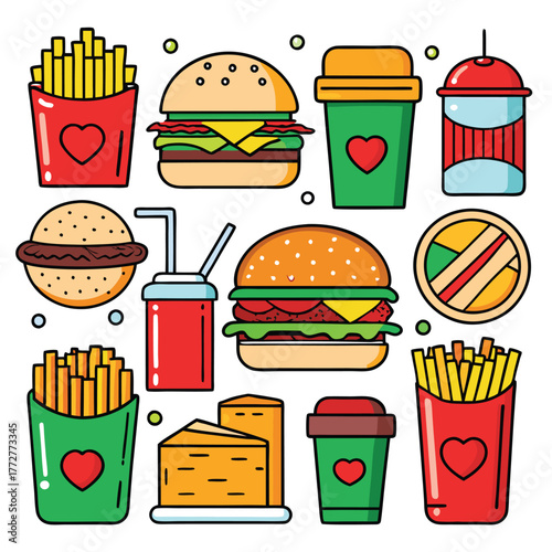 An illustration of various burger and fast-food items