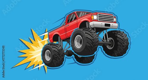 Cartoon illustration of a red monster truck with massive wheels speeding through the air