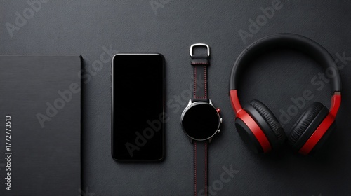 Display of modern technology items on a dark surface, ideal for shopping