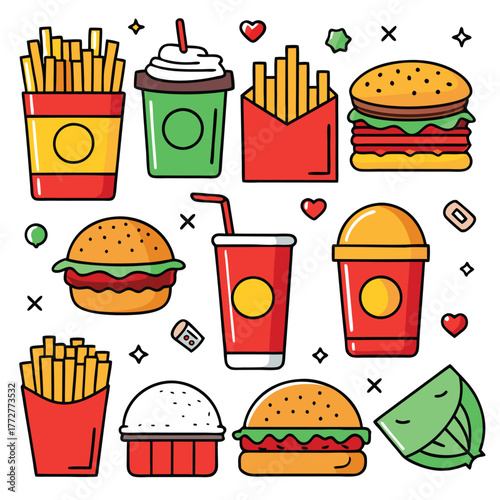 An illustration of various burger and fast-food items