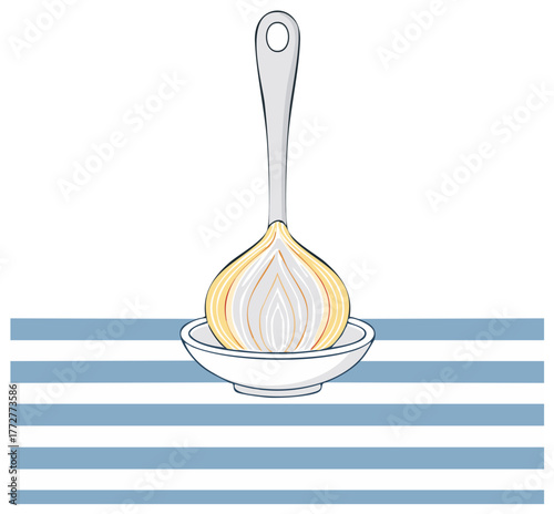 Stylized Onion Half Presented on Spoon and Bowl with Striped Surface