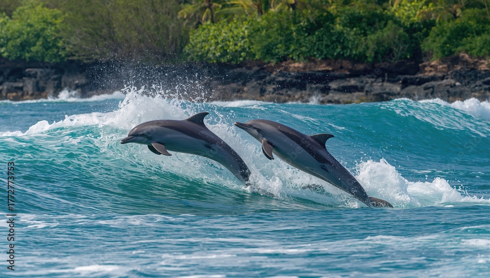 Fototapeta premium Dolphins jumping above ocean waves, showcasing playful movement in nature