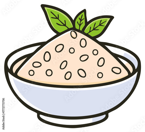 Cartoon bowl of food with basil leaves. Isolated illustration.