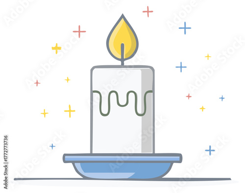 Cute cartoon candle with melting wax and festive sparks celebration concept
