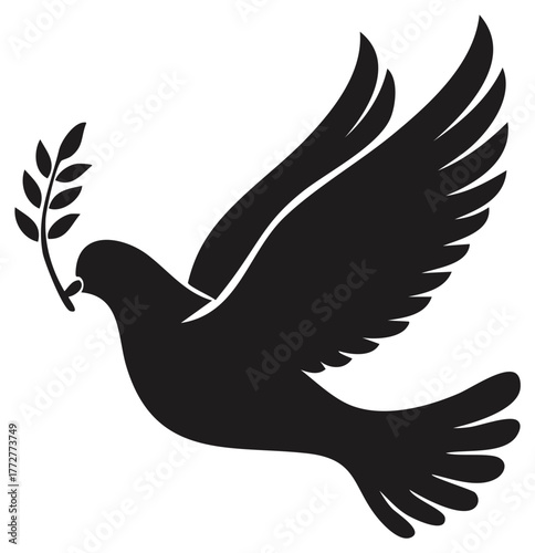 Black silhouette of a dove flying with a laurel branch in its beak representing peace and hope