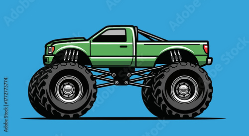 Cartoon monster truck illustration, big wheels and green body on blue background