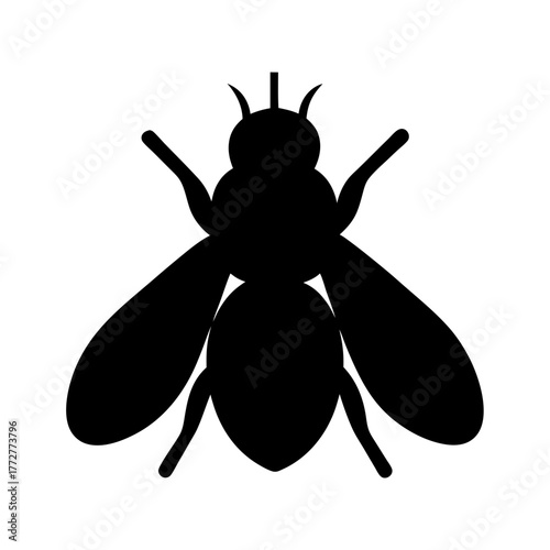 Simple black silhouette of a fly against a white background, minimalistic design