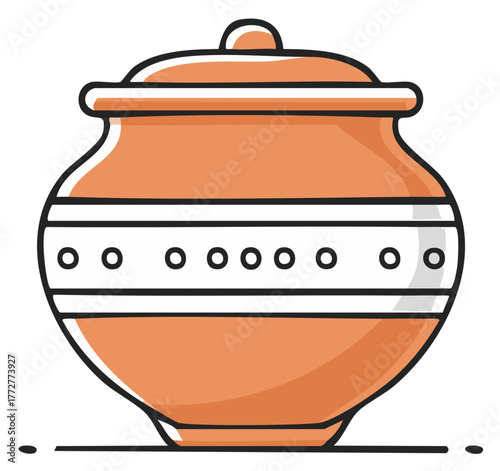 Traditional earthenware clay pot with lid illustration. Terracotta cooking pot or water urn vector icon with pattern.