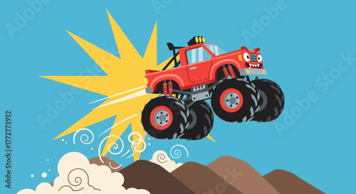 Monster truck soaring high over mountainous terrain, a captivating illustration for children