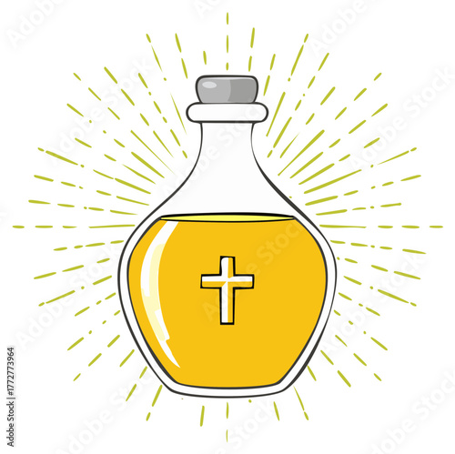 Sacred Anointing Oil in Bottle with Christian Cross Symbol and Radiance