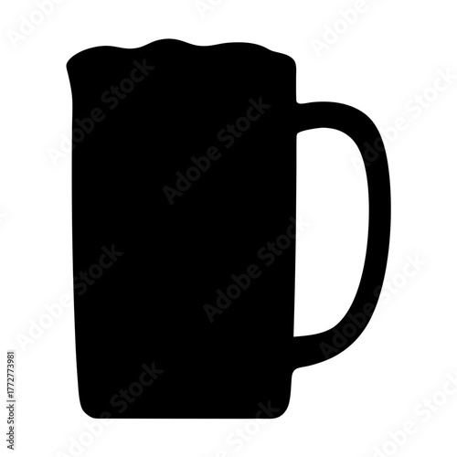 Black silhouette of beer mug icon, Simple black icon of a beer mug with handle and frothy top, symbolizing beverages, alcohol, pubs, bars, and celebrations.  
