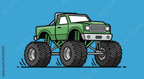 Cartoon styled green monster truck with oversized tires on a blue background illustration