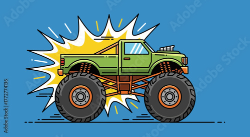 Cartoonish monster truck illustration with dynamic explosive background elements