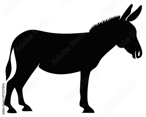 Silhouette illustration of a donkey in profile, showing its body and long ears, black animal