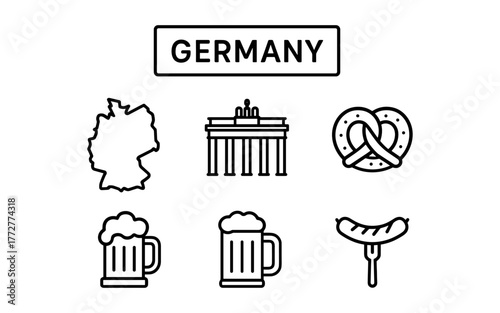German symbols: outline icons of beer, pretzel, sausage, and berlin landmark
