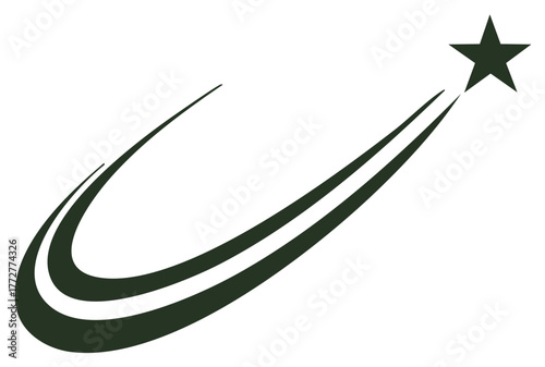 Dark green stylized swoosh trail leading to a shooting star against white background