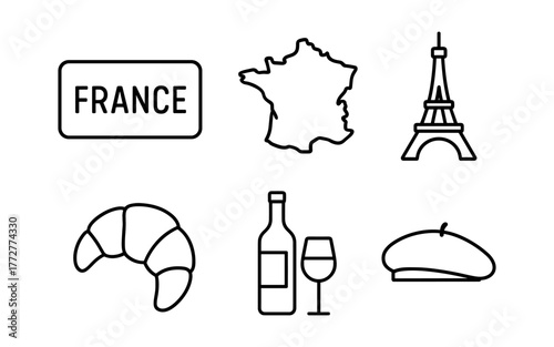 Minimalist icons of france: eiffel tower, wine, croissant, and beret