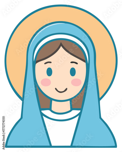 Iconic illustration of Mary with blue veil and golden halo, simple flat style