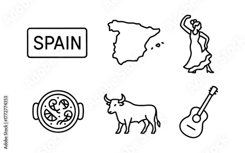 Spanish culture icons: map, dancer, paella, bull, guitar, spain sign in outline style