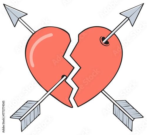 Cracked Heart Symbol Pierced by Arrows Depicting Heartbreak and the End of Love or Relationships in a Cartoon Style