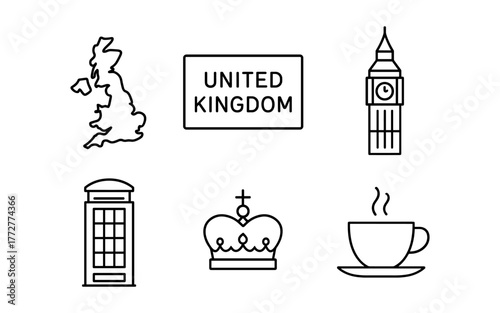 United kingdom icons: map, big ben, telephone booth, crown, tea cup in linear style