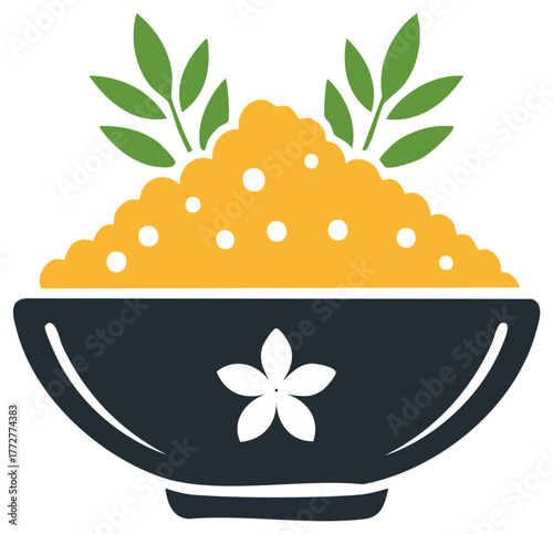 Healthy Grain Bowl with Leaves and Floral Decoration, Asian Cuisine Concept