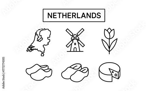 Iconic symbols of the netherlands: windmill, tulip, cheese, clogs, and map