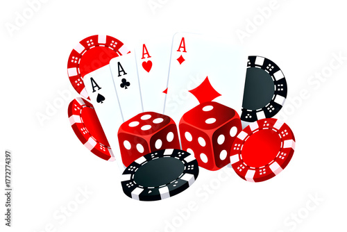 A flurry of aces and glittering casino chips tumble across a white background, capturing the thrill of poker and classic card games.