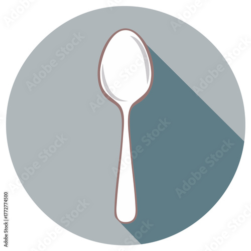 Simple illustration of a white spoon with a long shadow on a grey and teal background