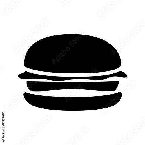 Black silhouette of hamburger icon, Simple black icon of a hamburger with bun, patty, and toppings, representing fast food, snacks, meals, and American cuisine.  
