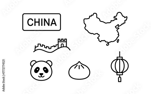 China icons: outline map, great wall, panda, dumpling, lantern symbol set
