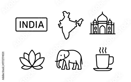India icons set: outline design featuring cultural symbols