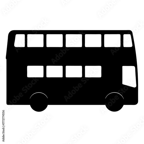 Silhouette of a classic double decker bus traveling down a busy street