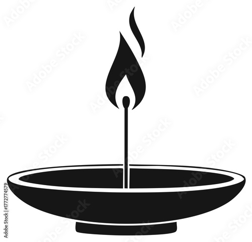 Minimalist black icon of a burning matchstick in a traditional shallow lamp or diya