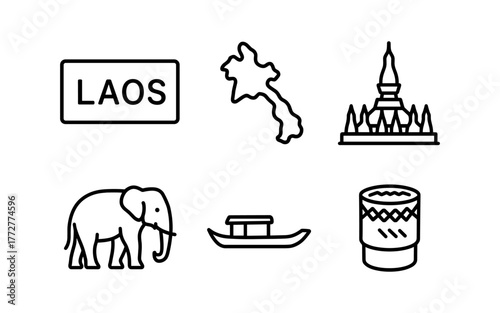 Simple laos icons: elephants, temples, and cultural symbols in linear style