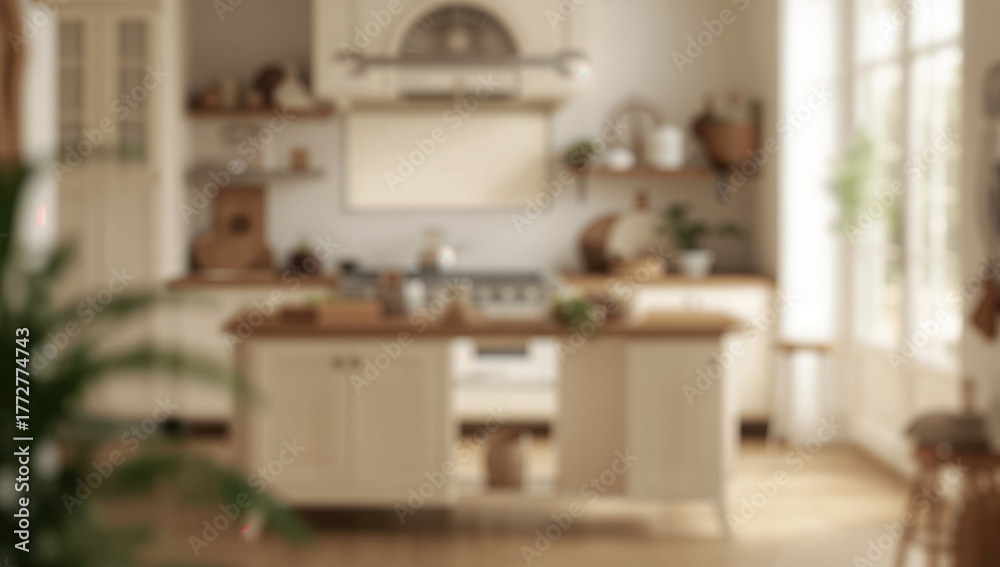 Fototapeta premium Blurred background featuring modern kitchen lighting hues, ideal for editorial header backgrounds