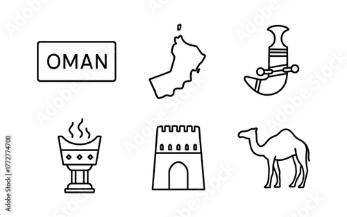 Minimalist icons of oman: map, dagger, dhofar, camel, frankincense, fort