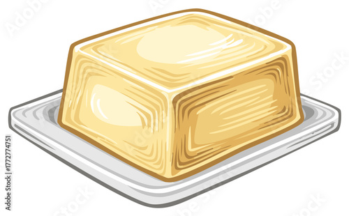 Vector illustration of a stick of butter on a plate, dairy product icon for cooking and baking.