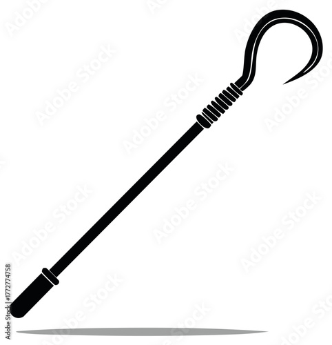 Black and white herder's crook drawing illustration vector, stylized shepherds staff with hook, equipment livestock tending