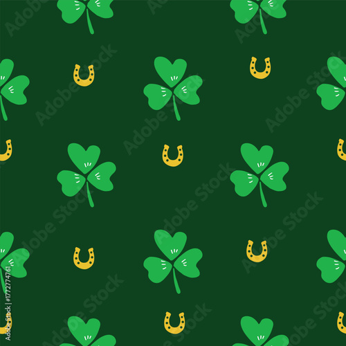 Green gold Saint Patricks Day shamrocks and horseshoes seamless vector pattern. Irish lucky charm motifs. Geometric St. Patricks day symbols for celebration background. Ireland themed backdrop.