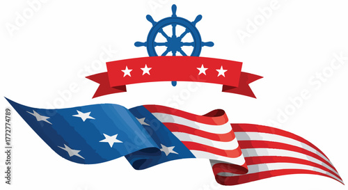 Patriotic nautical vector design featuring the US flag colors waving dramatically below a red banner ribbon and a blue ship's wheel