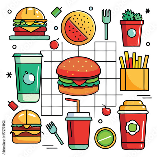 An illustration of various burger and fast-food items