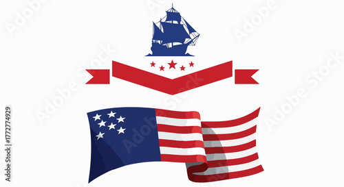 Patriotic US maritime emblem featuring a blue sailing ship, red banner with stars, and a waving flag design element