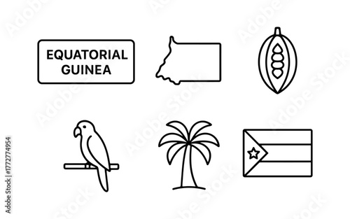 Equatorial guinea icons: outline style of country map, flag, and cultural symbols